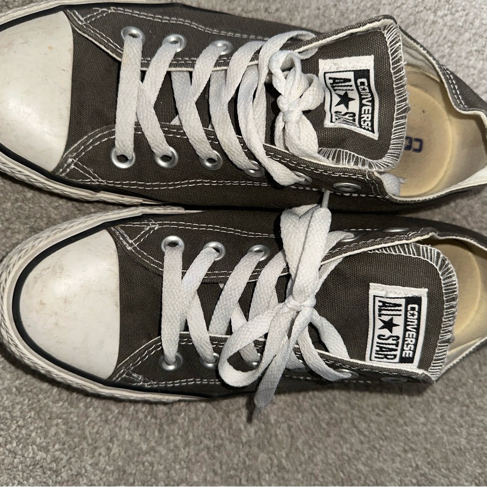 Grey, low top converse, women’s size 9.